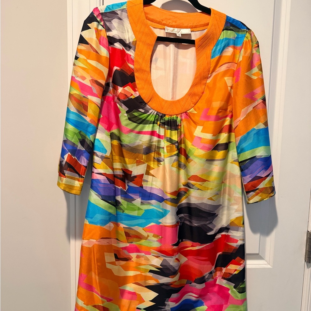 Trina Turk Silk Multicolor Abstract Print Mini Dress with Orange Trim